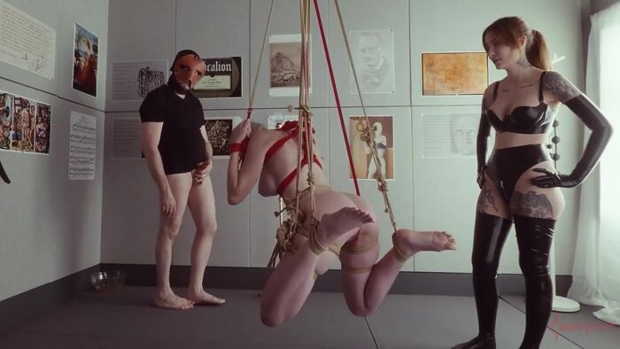 Bondage puppet gets spun around for rough anal and ATM